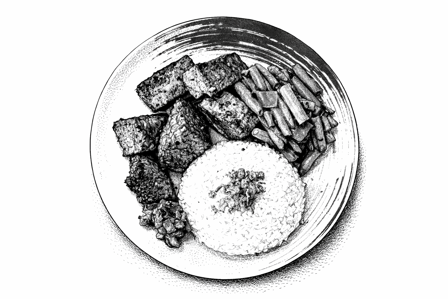 Tempe & tahu bacem - braised in coconut water, palm sugar, tamarind, served with rice and homemade sambal